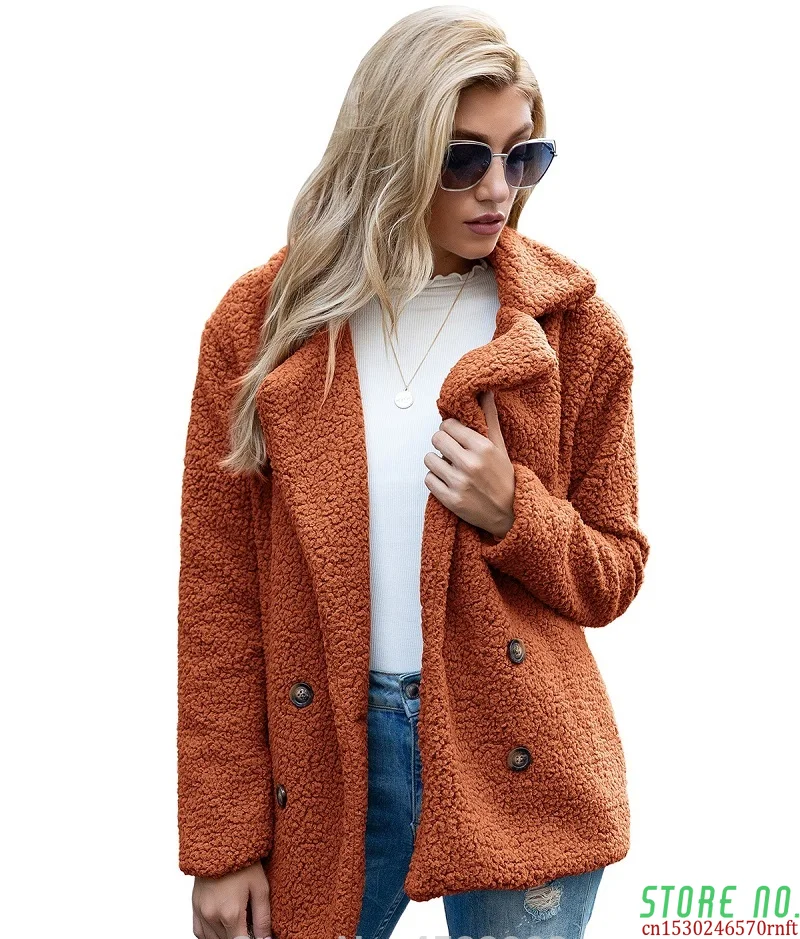 Elegant Faux Fur Women Coat Autumn Winter Warm Female Plush Overcoat Pocket Casual Teddy Outwear