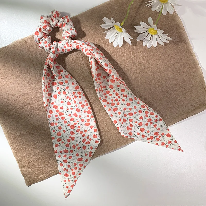 

Retro Floral Print Hair Scrunchies Long Ribbons Women Ponytail Scarf Hair Ties Rose Flowers Elastic Hair Bands Hair Accessories