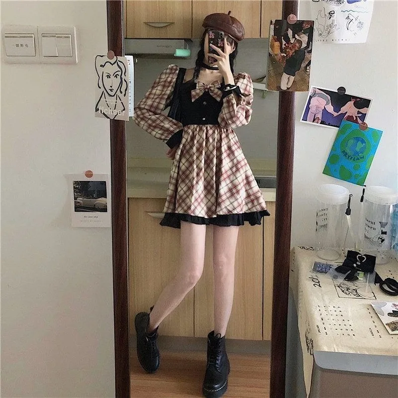 

Gothic Lolita Dress Women Plaid Kawaii Bow Party Mini Dress Ruffles Vintage Japan Korean Sweet Dress New 2020 Women's Autumn