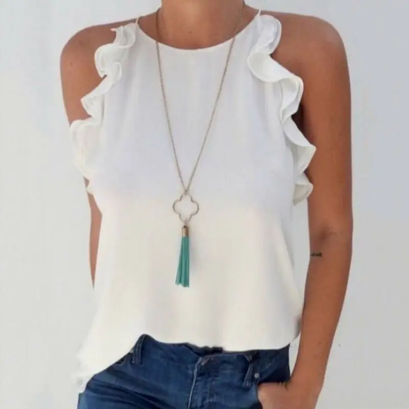 Женская футболка с открытыми плечами летняя повседневная оборками и круглым