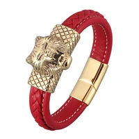 golden stainless steel wolf head punk wristband red braided leather bracelets men hip hop jewelry magnetic buckle bangles sp0886