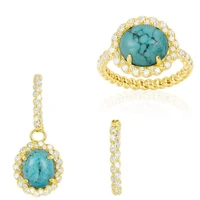 925 sterling silver luxury vintage 18k gold ring natural turquoise earring set royal jewelry super flash diamond earrings