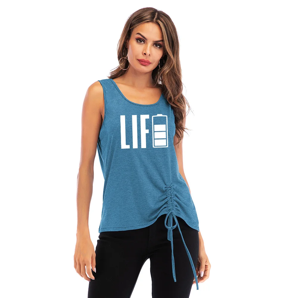 

New Summer LIFE Graphic High Quality Tanks All-match Streetwear Sleeveless Clothing Casual O-Neck Print Shirring Female Tees