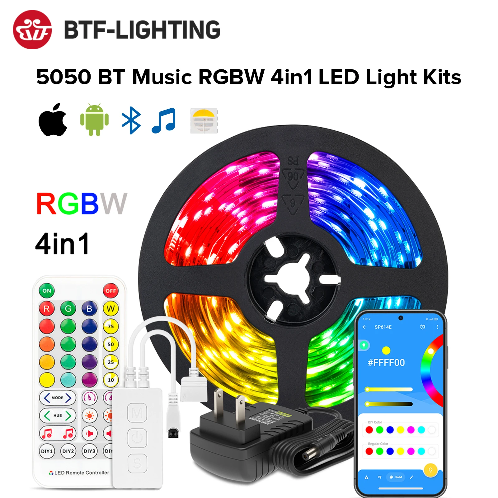 

5050 RGBW 4in1 Bluetooth Music APP LED Light Strip Kits RGB with White 4 Colors in 1 3000K 6000K LED Strip for Bedroom Desk Home