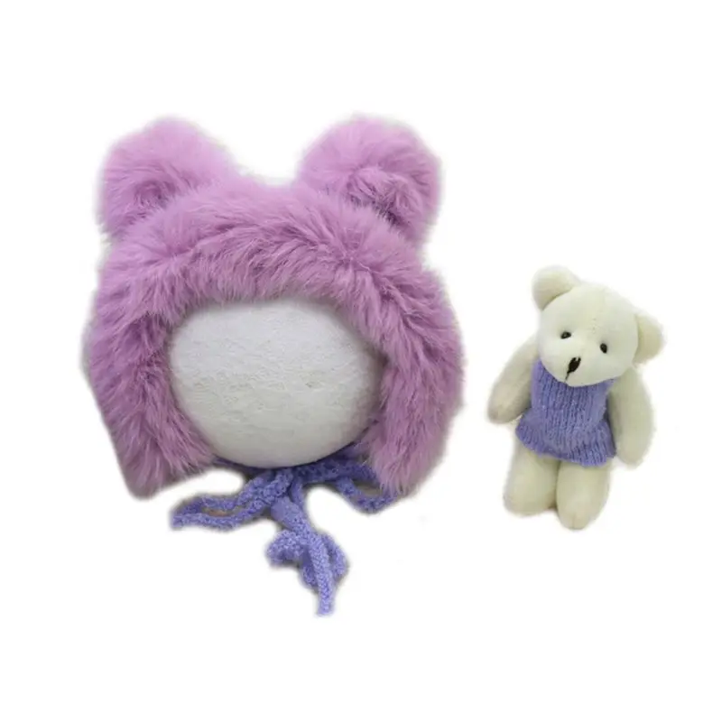 

2 Pcs Newborn Photography Props Cute Rabbit Fur Knit Hat Costume Bear Toy Set