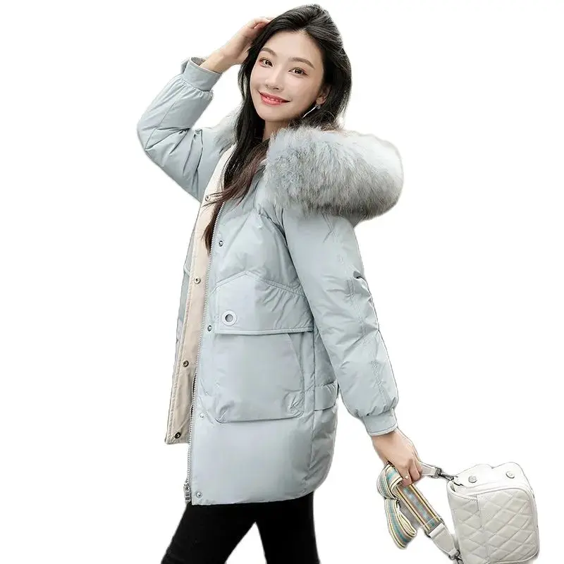 Female Down Jacket Mid-length 2021 Women New Fashio Jacket Real Fur Collar Windproof Thick White Duck Down Winter Jacket Commute