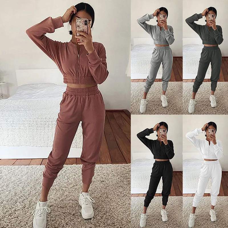 

WANYUCL spring and autumn new long-sleeved zipper casual jacket solid color sports nine-point pants two-piece female