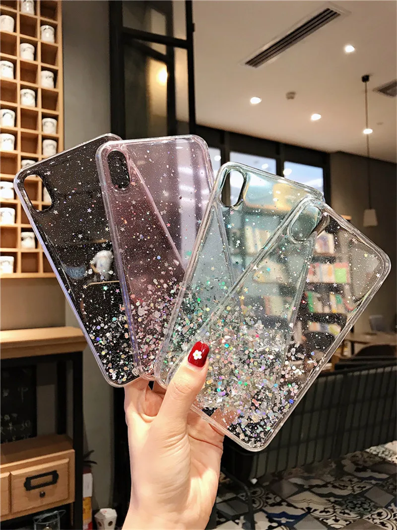 NJIEER Блестящий блестящий чехол для iphone X 11 Pro XS MAX XR Блестящий Прозрачный чехол для iphone 8 7 6 6S Plus Мягкий чехол из ТПУ
