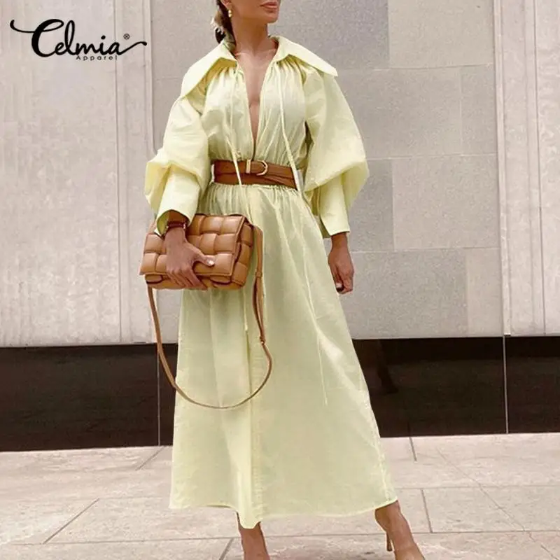 

Elegant OL Dress Celmia Women Long Lantern Sleeve Bohemian Maxi Dresses Casual Solid Sexy Lapel Neck Party Vestidos
