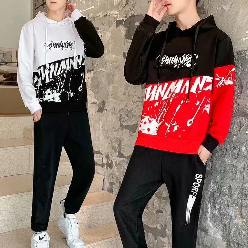 

Clothes Men 2 Piece Set Autumn Streetwear Men Hop Hop Patchwork Tracksuit Fashion Clothing Men Outfits Casual Clothes Thin
