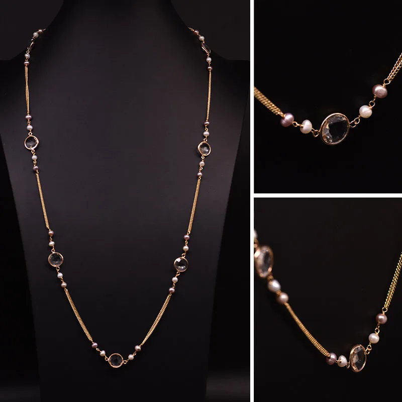 

Natural Fresh Water Pearl Crystal Zircon Bib Collar Long Necklace For Women Party Sweater Chain Fashion Jewelry Accessories New