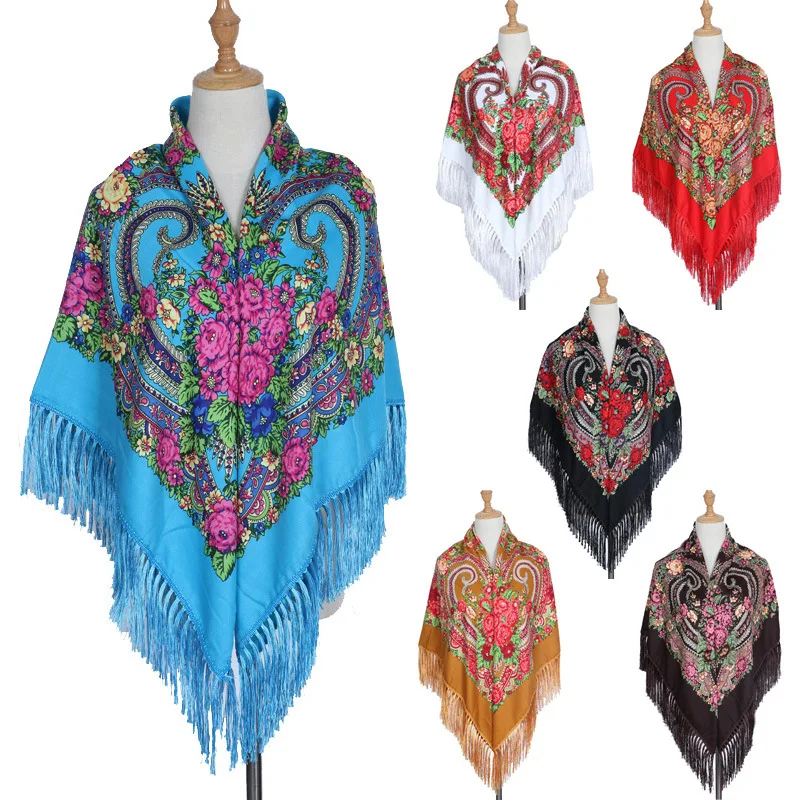 

135*135cm Russian Big Square Scarf For Women Large Print Head Scarves National Style long Tassel Russian Cotton Blanket Shawl