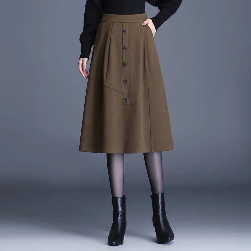 

Women Fashion Elastic High Waist Button A-line Black Skirt Autumn Winter Office Lady Elegant Loose Casual Mid-long Skirts 9718