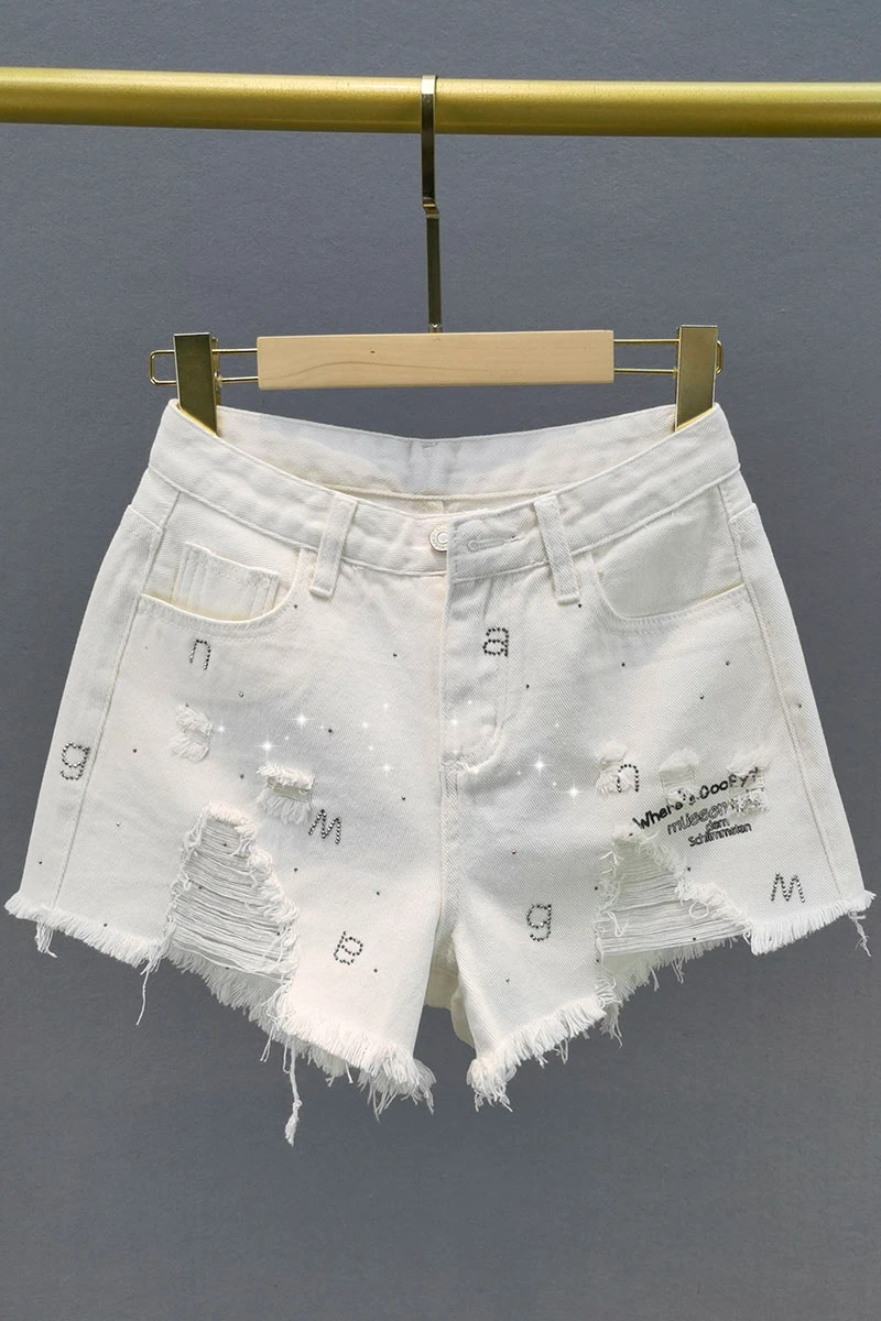 

White Hole Straight Jeans for Women 2021 Summer High Waist Slimming Denim Pants Rhinestone Wide Leg Hot Pants