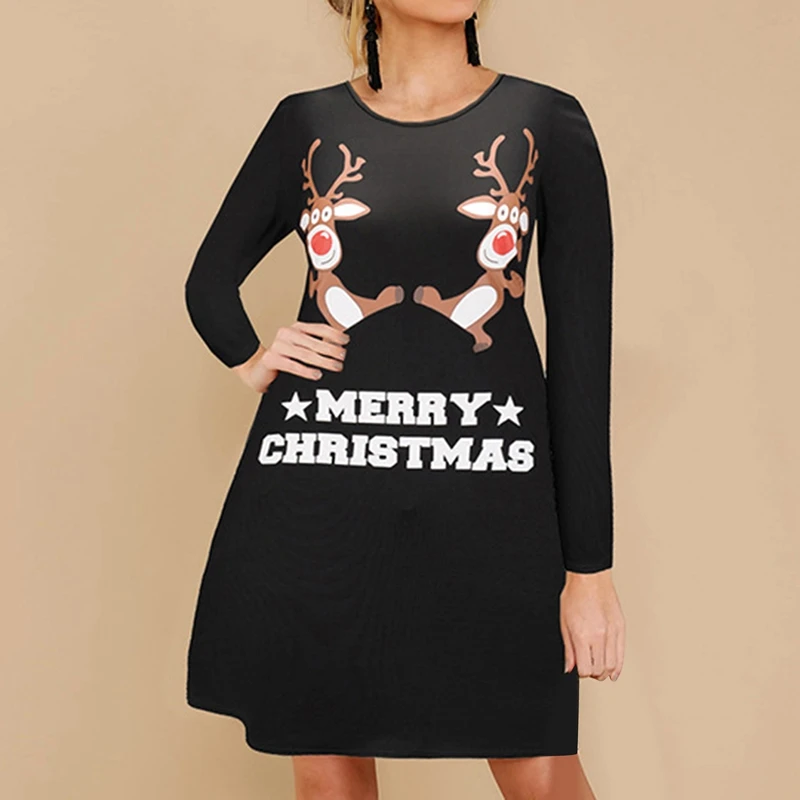 

Autumn Winter Christmas Dress New Year Festival Family Party Dress Women Snowflake Santa Print Dress