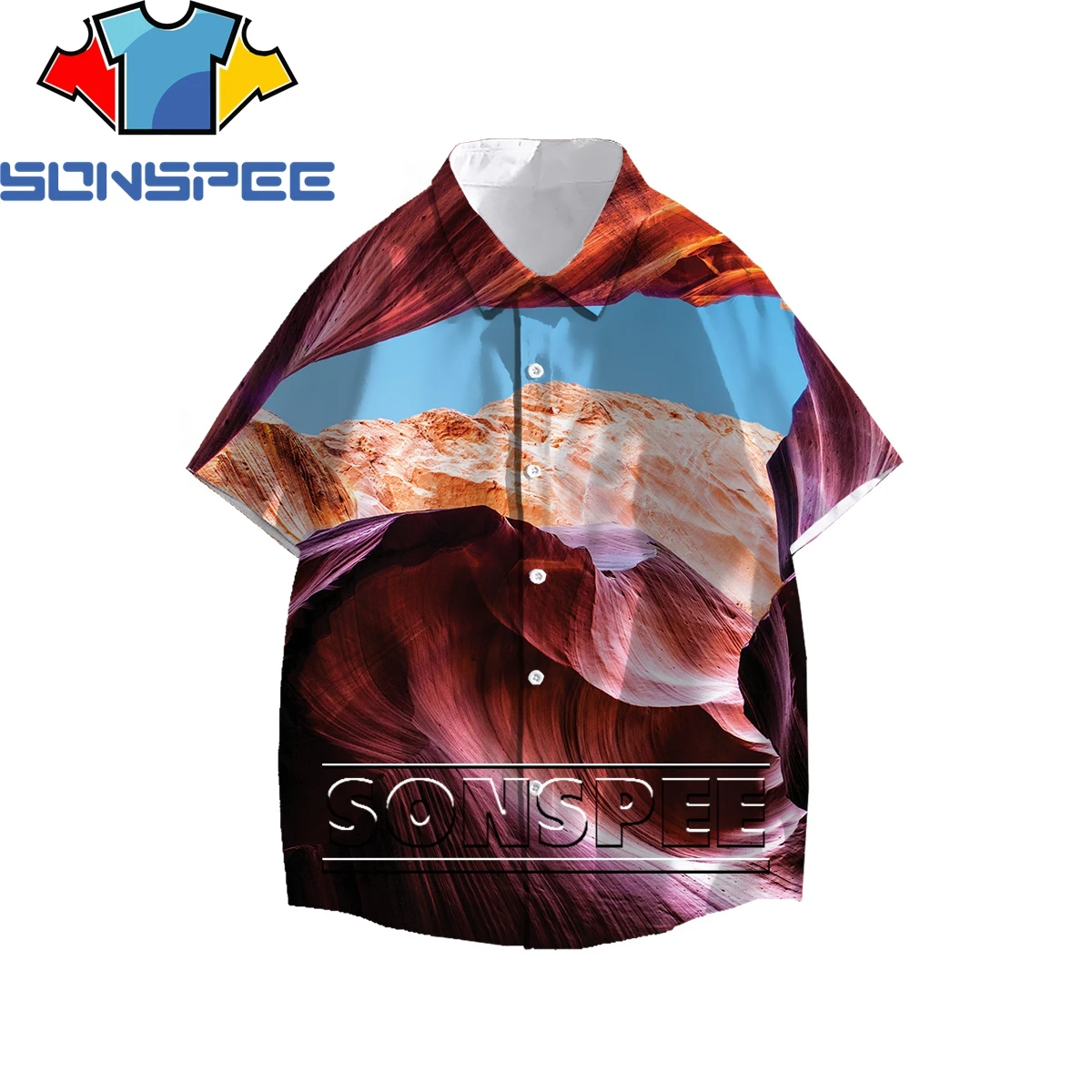 

SONSPEE Stylish Beautiful Scenery 3D Print Men Women's Shirt Summer Original Personality Fashion Hawaiian Beach Buttons Top