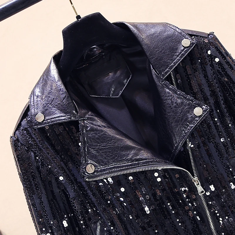 Женская короткая мотоциклетная куртка из ПУ кожи с блестками | одежда