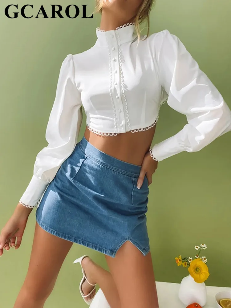 

GCAROL New Women Turtleneck Lace Crop Top Euro Style Lantern Sleeve Sexy Hook Flower Hollowed Out Navel Slim Fitting Shirt