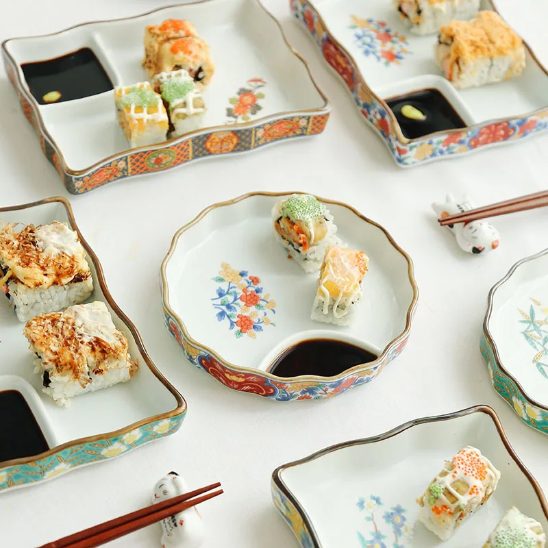 

Ceramic Tableware Dish And Plates Sets Japanese Flower Pattern Trendy Dumpling Separated Vinegar Plate Home Sushi Plate Hotel