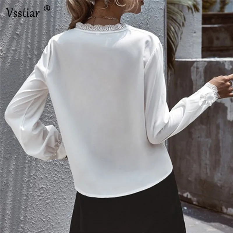 

2020 Autumn Winter Women Shirts White Long Sleeve Sexy V Neck Slim Blouse Elegant Lace Patchwork Casual Ladies Office Tops