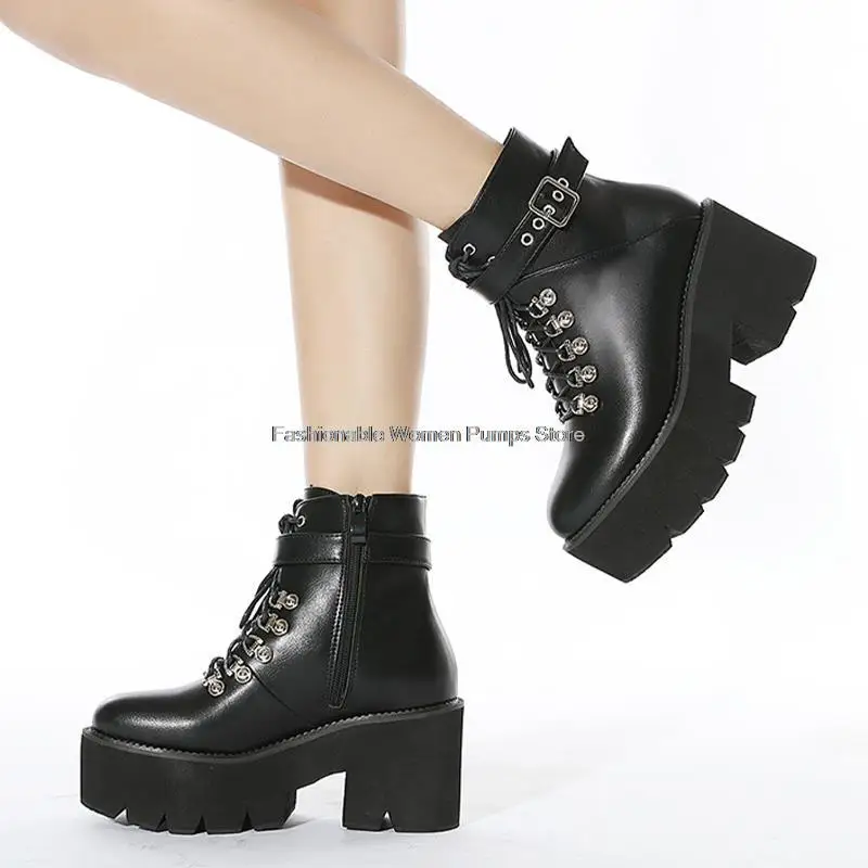 

Women Wedges Winter Shoes Black Ankle Short Boots Gothic Round Toe Buckle Side Zipper Punk Shoes For Woman Footwear Size 35-43