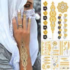 Водостойкая Временная тату-наклейка, металлик, золото, серебро, мандала, цветок, ювелирные изделия, искусственная индийская хна, ручная роспись