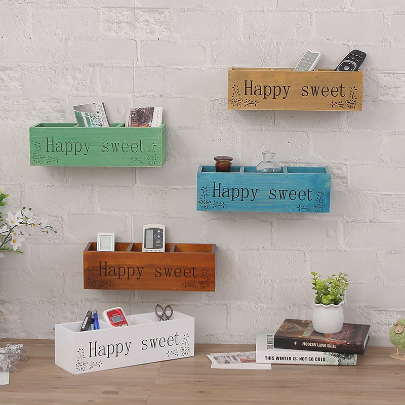 

New Solid Wood TV Remote Controller Hanging Rack Article Three Grid Storage Rack Wall Hanging Rack Hanging Wall Storage Box
