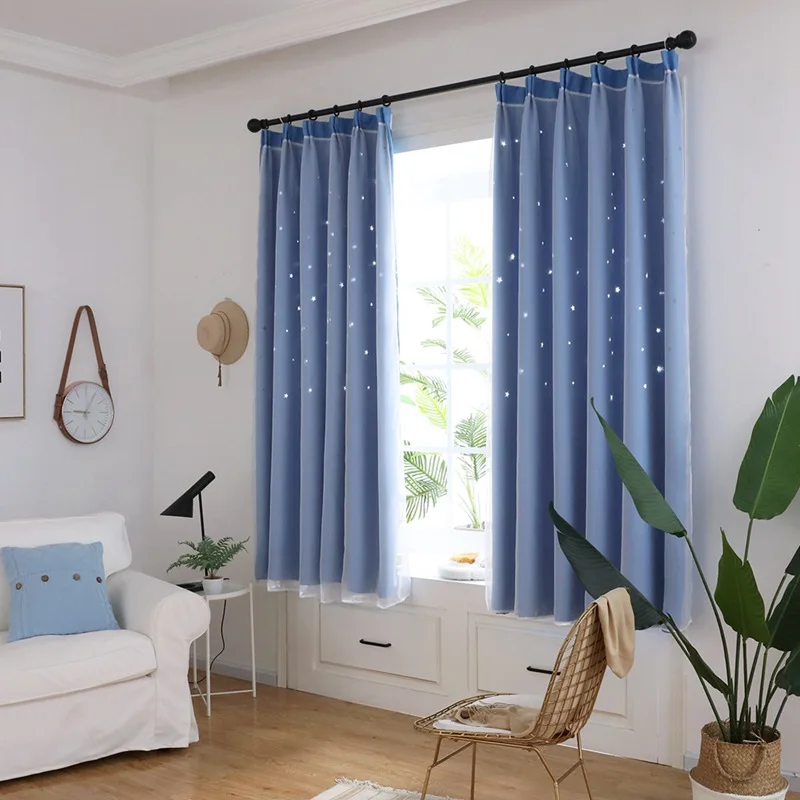 

Starry Sky Style Romantic Curtain Hooking High Shading Stars Patterns Double Layers Hollowing Curtains for Sleeping Room