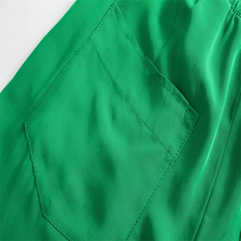 

Za Green High Waist Pants Women Adjustable Elastic Drawstring Waist Vintage Trousers Woman Casual Summer Office Wide Leg Pants