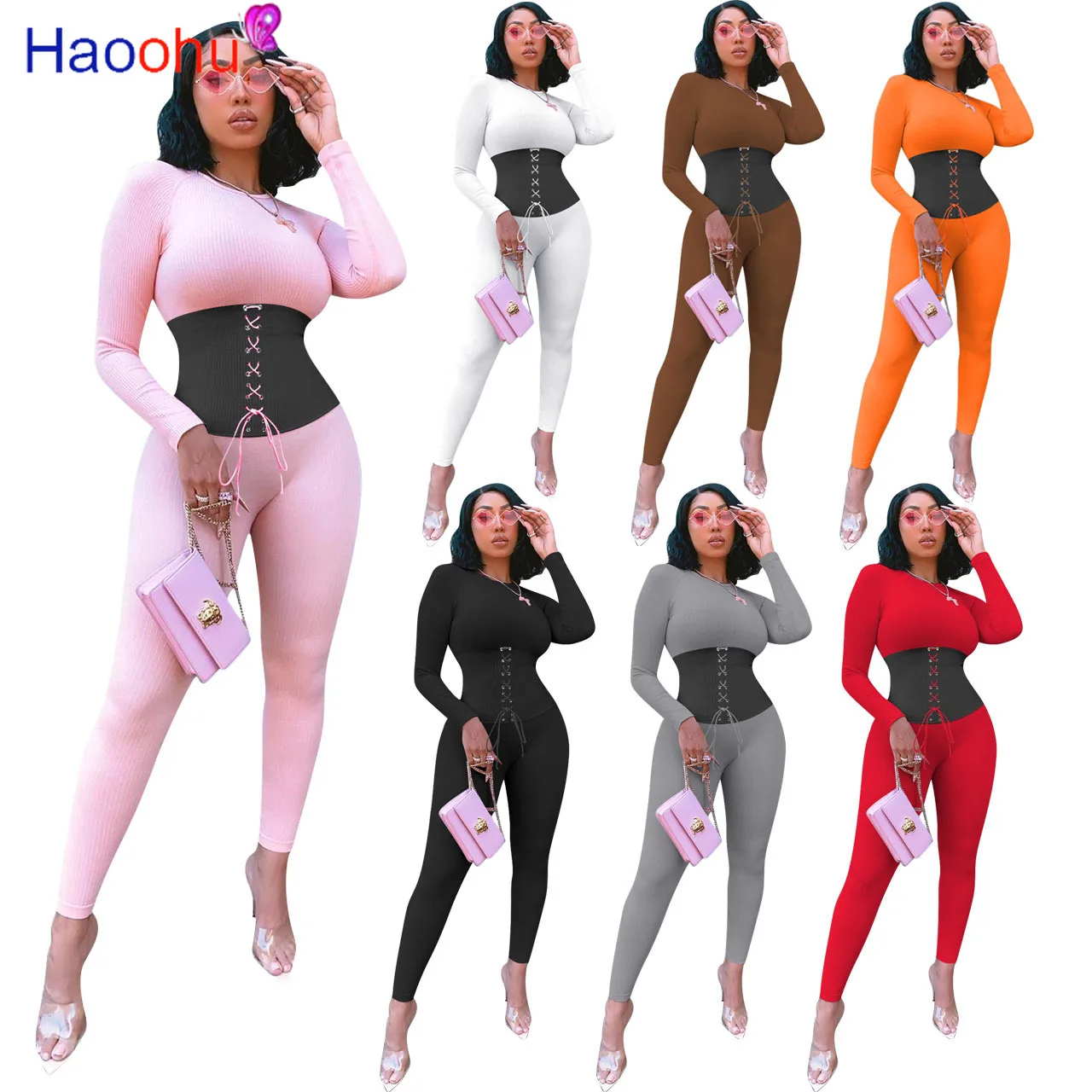 

HAOOHU Sexy Knitted Bodycon Jumpsuit Long Sleeve Fashion Fall Clothing Women lace-up Overalls One Piece Club Outfits Streetwear