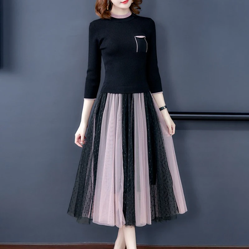 

Mujer Vestidos Autumn O-Neck Long Sleeve Knit Stitching Mesh Black Dress Casual Fashion Waist A-line Long Sleeve Dresses Z673