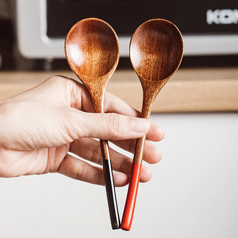 2шт деревянные ложки столовые японский стиль красный / черный ложка для супа