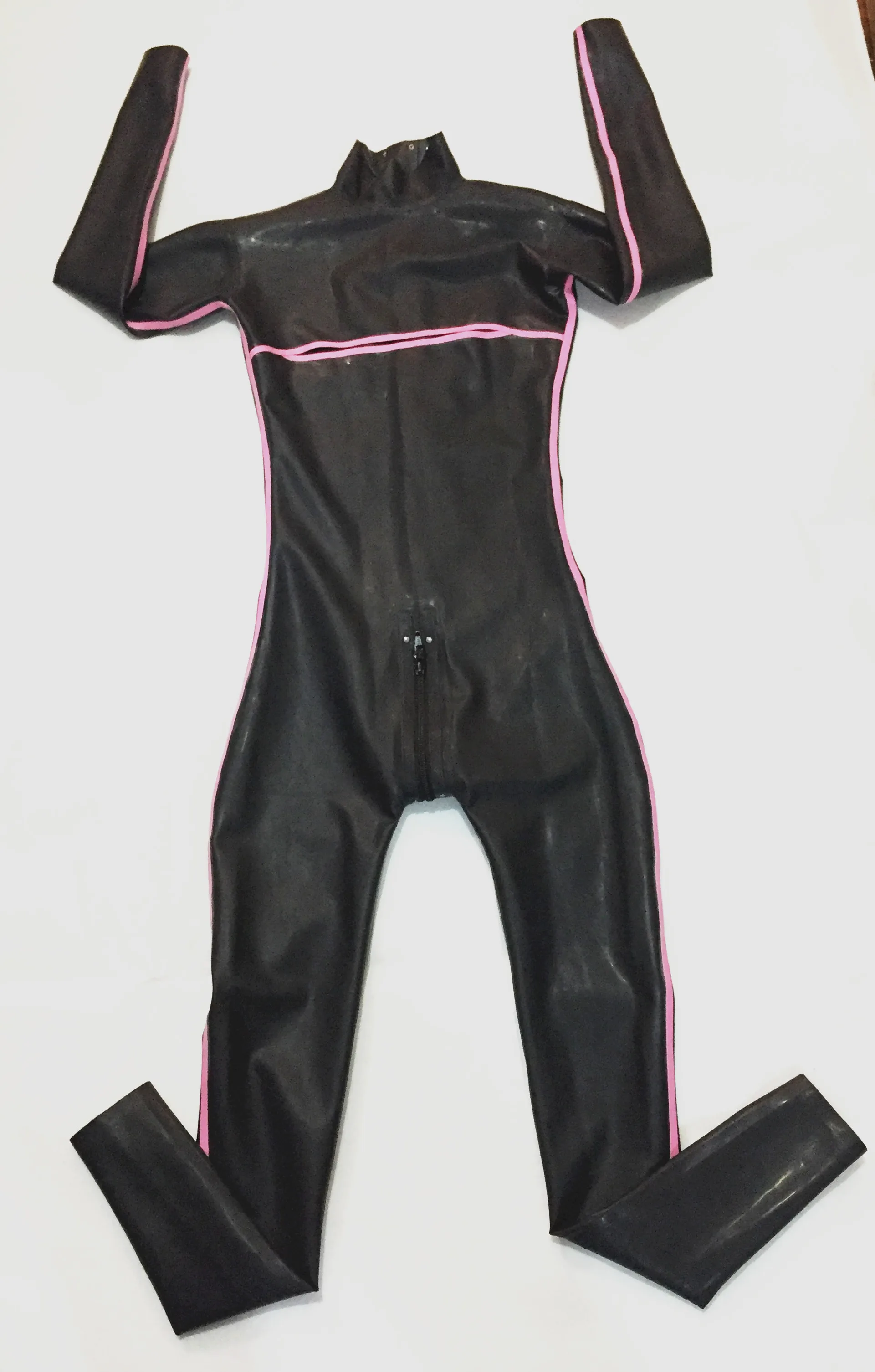 Unique Bakc with Pink Strips Latex Bodysuit Open bust Rubber Catsuit Fetish Gay Costume Custom Made Plus Size | Тематическая одежда