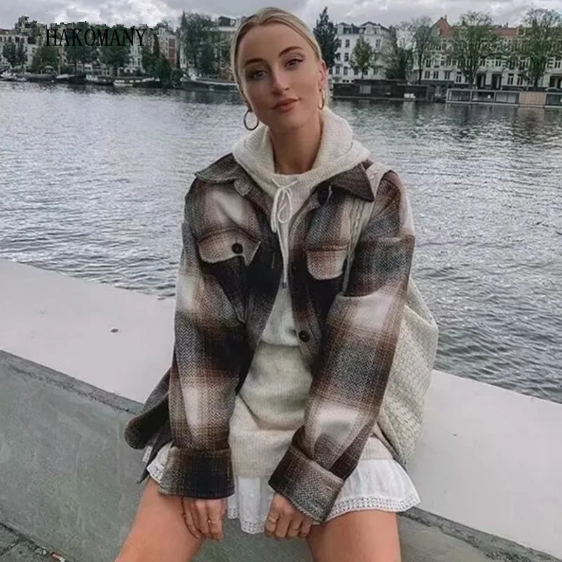 Женская рубашка в клетку кофейного цвета Мягкая шерстяная блузка с отложным
