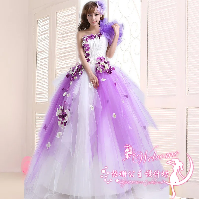 Женское платье с одним плечом фиолетовое бальное из органзы на одно плечо