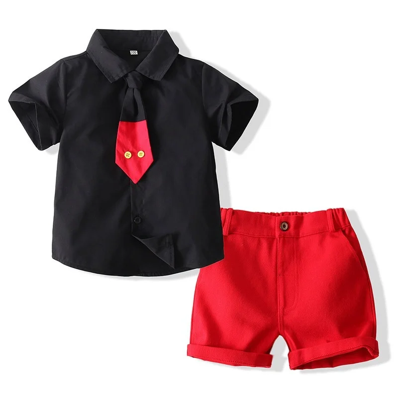 

Summer baby boy clothes set, Tie shirt suit black and white one, Cute gentleman, 24M-6T cool and casual kids fashion