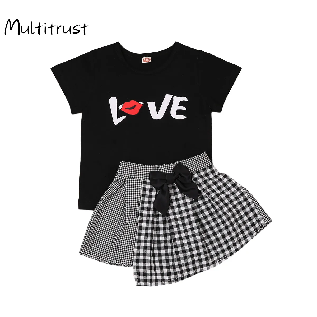 2 шт. клетчатый топ с коротким рукавом и асимметричной юбкой|Комплекты одежды для