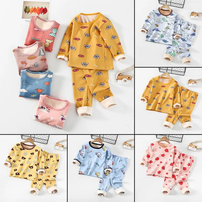 

Multi-Color Cute Children Cotton Homesuit Kids Girls Boys Clothes Cartoon Print Long Sleeve Winter Warm Thick Pajamas 2-9T