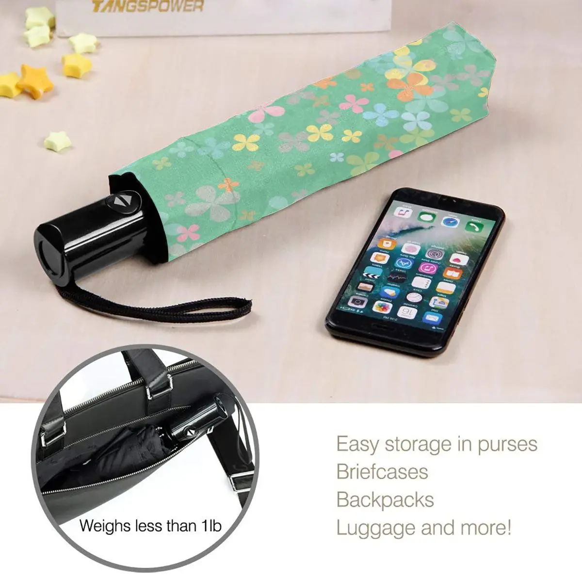 

Automatic Umbrella Pastel Green Lucky Four-leaf Clovers Shamrock three-fold umbrella women men rain umbrella