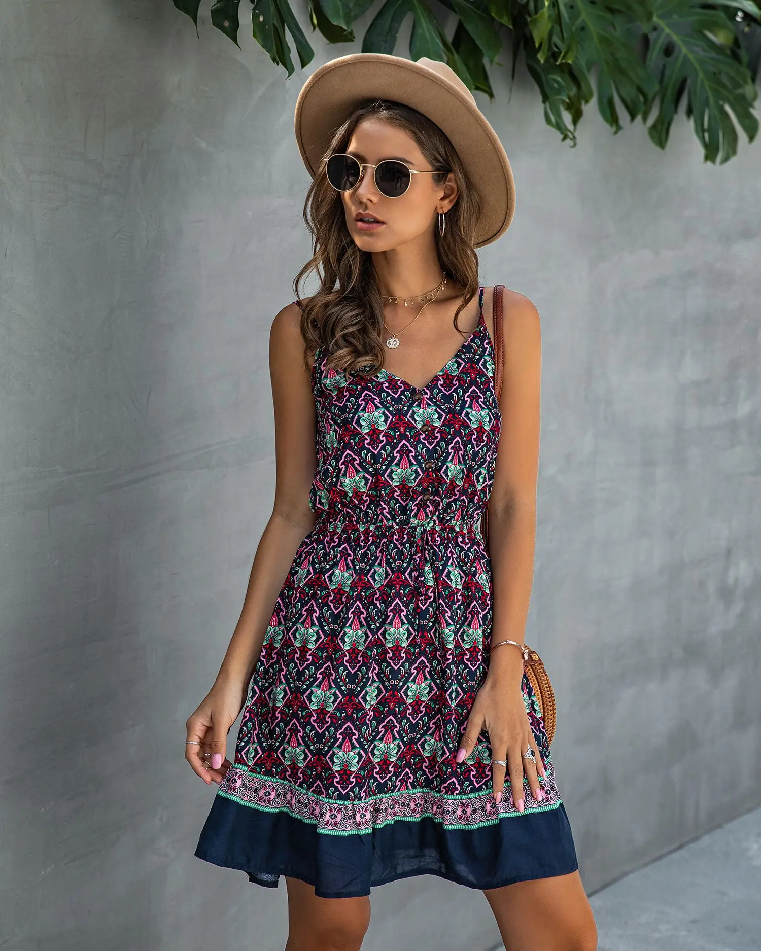 

Summer Boho Dress Women Floral Print Sexy Strap V Neck Backless Ruffle Mini Dress Button Lace Up Elastic Hight Waist Beach Dress
