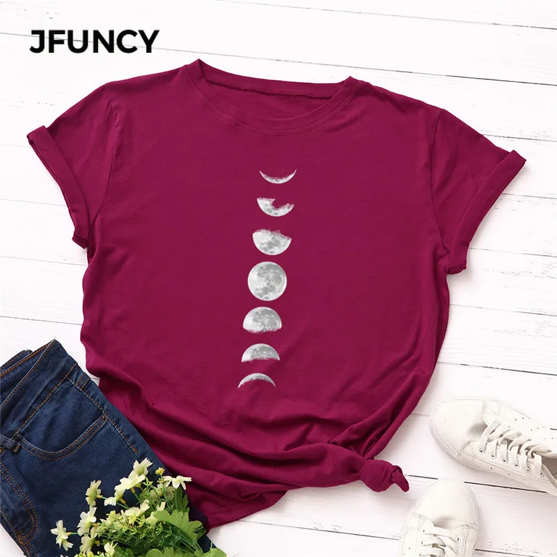 JFUNCY, футболка размера плюс, S-5XL, новая луна, футболка с принтом, женская, хлопок, Круглый ворот, короткий рукав, футболка, топы, летние повседневные рубашки