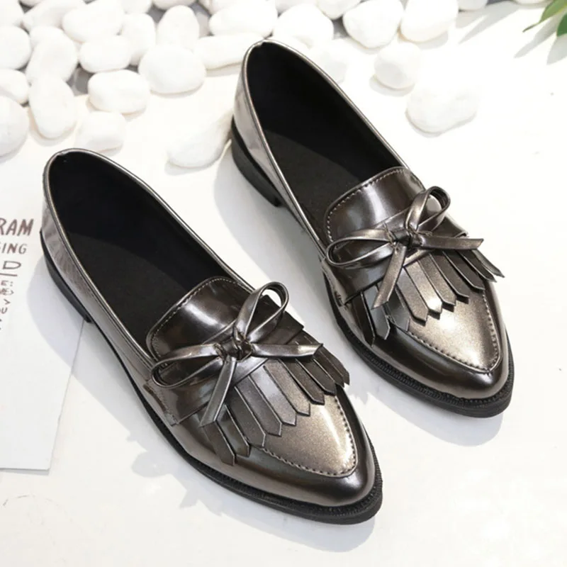 

Women Leather Brand Oxfords Tassel Bowtie Female Casual Pointed Toe Slip Flats Ladies Comfort Autumn Brogue Shoes