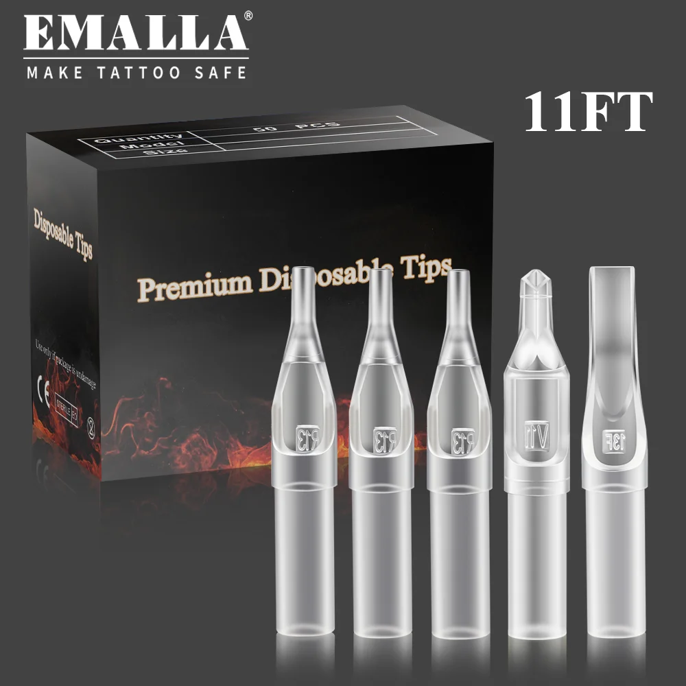 

EMALLA 100 шт. прозрачные одноразовые тату-наконечники 11 футов стандартные плоские стерилизованные пластиковые тату-наконечники для поставки