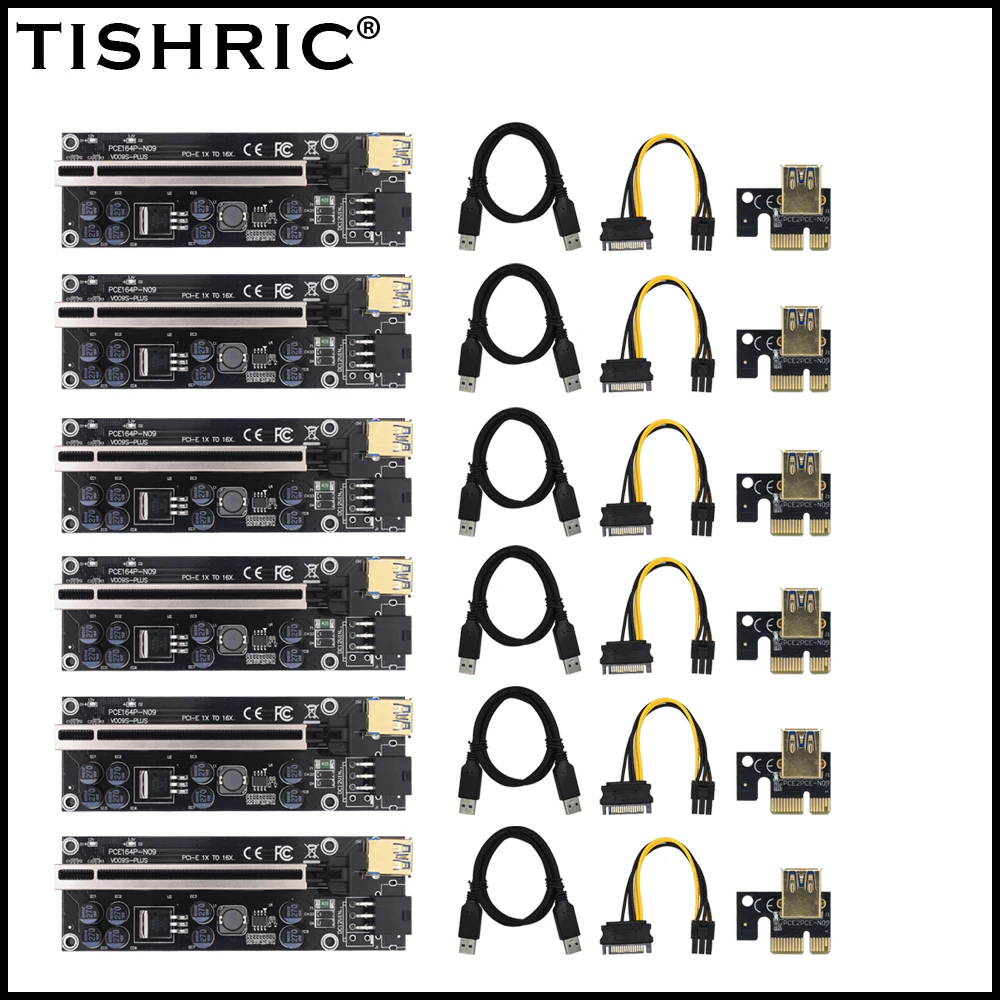 

50pcs TISHRIC PCIE Riser 009s Plus Pci-e 16x Riser Pci Express USB 3.0 SATA To 6pin Cable Riser For Video Card For BTC Mining