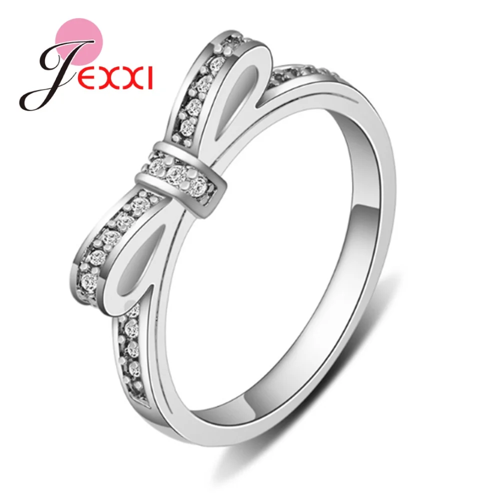 

Women Concise Bowknot CZ Crystal Wedding Rings 925 Sterling Silver Anillos Mujer Rhinestone Lovers Jewelry Freebie