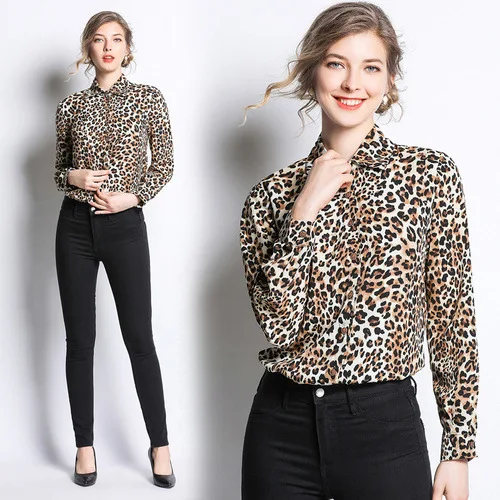 

Leopard Print Blouse Women Long Sleeves blusas mujer de moda Spring Fall Casual chemisier femme Turn-Down Collar haut tunique