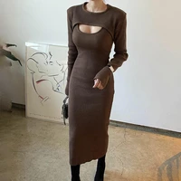 winter knit maxi dress women korean fashion two pieces shawl cropped sexy hollow out bodycon evening party brown dresses woman