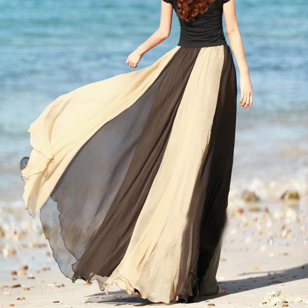 

2019 Spring Summer Bohemian Floor Length Patchwork Chiffon Women Long Skirt Slim Ruffles Beach Longa Skirts