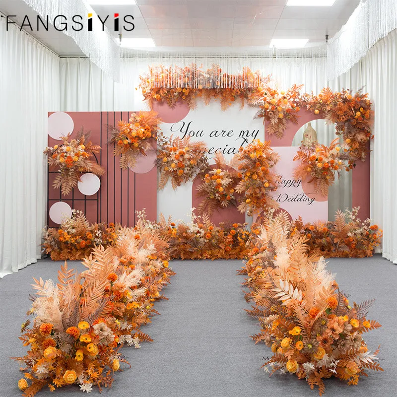 

DIY Orange Wedding Floral Arrangement Artificial Flower Row Table Flower Road Lead T Stage Backdrop Corner Flower Ball Custom