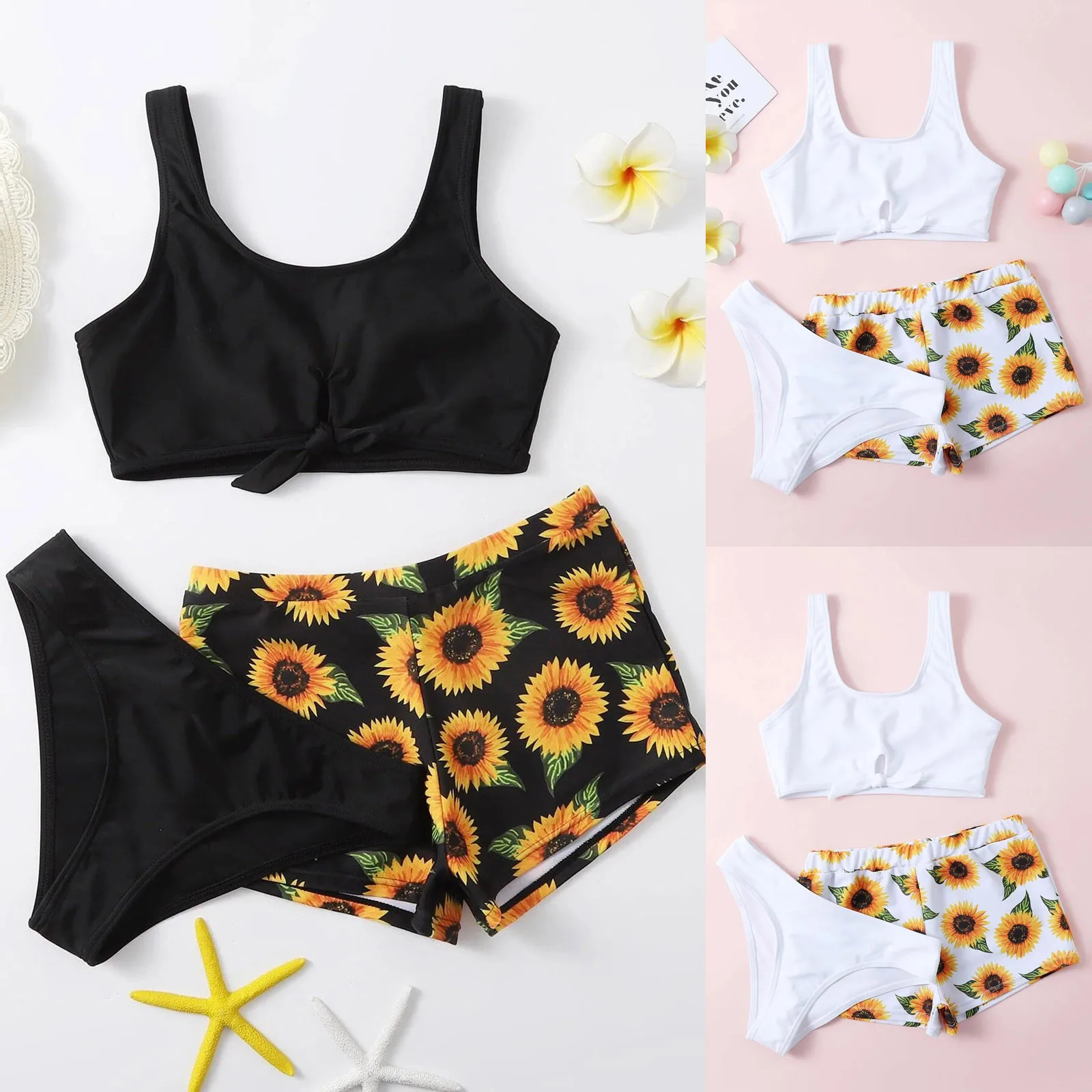 

2021 Kids Swimwear For Girls Summer Cute Criss Cross Sunflower Print Three-piece Swimsuit Bathing Suit Детские Костюмы